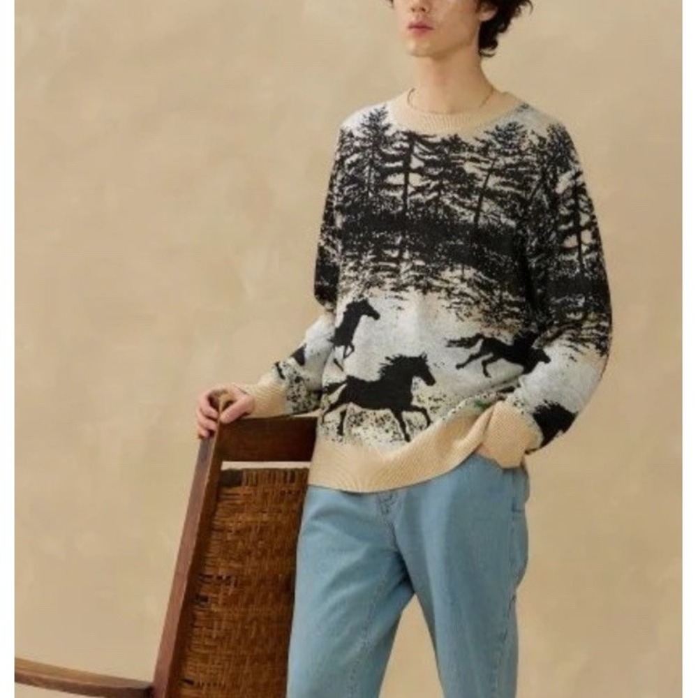Kuwalla Wild Stallion Jacquard Knit Sweater L Horse Scenic Streetwear Western